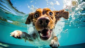 Happy dog swimming underwater in swimming pool with splashes of water.  AI Generated photo