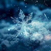 A huge snowflake on a blue snow-covered background. Bokeh effect. Selective focus.  AI Generated photo