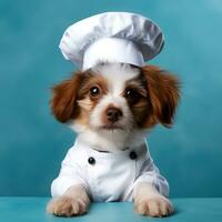 Portrait of a cute dog dressed as a chef on a blue background.  AI Generated photo
