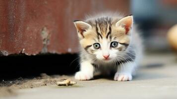 Vagabundo pequeño gatito. solitario, delgado, hambriento gato camina en un vertedero linda pequeño gatito jugando afuera, selectivo enfocar. ai generado foto