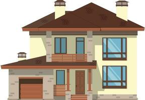 Beautiful Modern Building. The Facade of Brick House with Balcony and Garage. House Vector Illustration