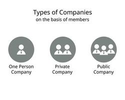 type of companies on the basis of members for one person, private company and public company vector