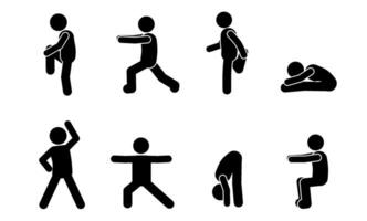 Collection of simple black silhouettes of people doing warm-ups and gymnastics on a white background. vector