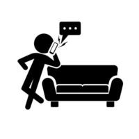 Person leaning against a sofa and calling with smartphone. Vector. vector