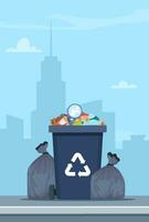 Full garbage bin and black plastic trash bags around. Overflowing recycling container with trash. Black recycle can. Street dump pollution, trashcan basket. City on background. Vector illustration.