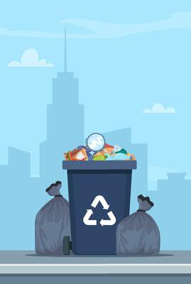 Full garbage bin and black plastic trash bags around. Overflowing recycling container with trash. Black recycle can. Street dump pollution, trashcan basket. City on background. Vector illustration.