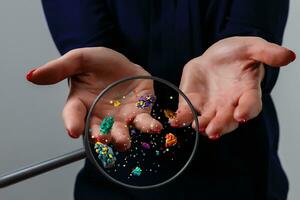 Hygiene concept. Man is showing dirty hands with many viruses and germs. photo