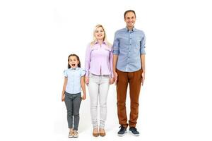 family and people concept - happy smiling mother, father and little daughter over white background photo