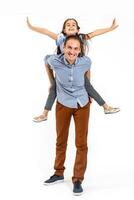 Portrait of beautiful smiling family father and daughter on a white background photo