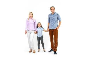 father and mother hold daughter white background photo