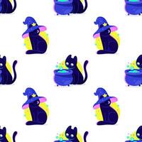 Cute funny kittens, familiars of the witch wizard. Halloween decorations. Neon bright colors. Cool dark cartoon seamless vector pattern background for textile, fabric, wallpaper, wrapping.