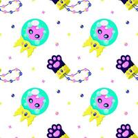 Cute cat paw. Amulet for good luck. Magic ball of predictions. Halloween decorations. Neon bright colors. Cool dark cartoon seamless vector pattern background for textile, fabric, wallpaper, wrapping.