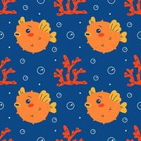 Vector seamless blue pattern. Undersea world. Red corals. Funny cute puffer fish character. Printable flat children's pattern for textiles, fabrics, wallpaper, packaging.
