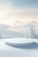 AI generated Round snow podium in the middle of a snowy landscape. The podium is surrounded by tall, green trees covered in a thick layer of snow. Generative AI photo