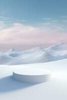 AI generated Round snow podium in the middle of a snowy landscape. The podium is surrounded by tall, green trees covered in a thick layer of snow. Generative AI photo