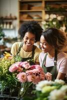 AI generated Two cheerful female florists, radiating joy and camaraderie, collaborate on creating a stunning floral arrangement. photo