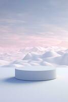 AI generated Round snow podium in the middle of a snowy landscape. The podium is surrounded by tall, green trees covered in a thick layer of snow. Generative AI photo
