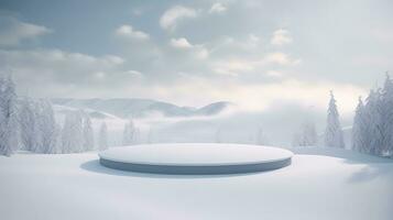 AI generated Round snow podium in the middle of a snowy landscape. The podium is surrounded by tall, green trees covered in a thick layer of snow. Generative AI photo