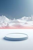 AI generated Round snow podium in the middle of a snowy landscape. The podium is surrounded by tall, green trees covered in a thick layer of snow. Generative AI photo