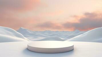 AI generated Round snow podium in the middle of a snowy landscape. The podium is surrounded by tall, green trees covered in a thick layer of snow. Generative AI photo