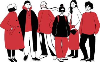 Group of stylish women and men in trendy spring or fall outfits. Hand drawn young people character set. Modern fashionable street style girls and guys. Vector red and black color illustration.