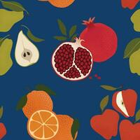 Fruits vector seamless pattern. Surface design with pomegranate, apple, pear, and orange on a white background. Modern abstract background for packaging, paper, cover, fabric, interior decor, etc.