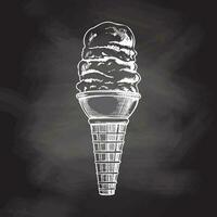 A hand-drawn sketch of a waffle cone with multi - layered frozen yogurt or soft ice cream on chalkboard background. Vintage illustration. Element for the design of labels, packaging. vector