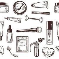 Seamless pattern of hand-drawn doodle cosmetics, beauty, self-care elements. Illustration for beauty salon, cosmetic store, makeup design. Engraved image. vector