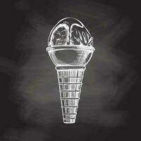 A hand-drawn sketch of a waffle cone with frozen yogurt or ice cream with chocolate sauce on top on chalkboard background. Vintage illustration. Element for the design of labels, packaging. vector