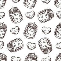 Seamless pattern of hand-drawn doodle wax candle in a glass jar-candlestick and heart shaped bathroom bomb. Beauty cosmetic element, self care. Sketch style. vector