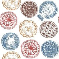 Seamless pattern of hand-drawn traditional cakes, tarts and pies in sketch style. Sweet bakery. Top view. Thanksgiving, Christmas. vector