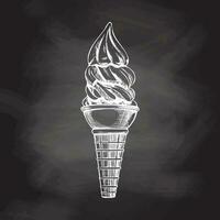 A hand-drawn sketch of a waffle cone with multi - layered frozen yogurt or soft ice cream on chalkboard background. Vintage illustration. Element for the design of labels, packaging. vector