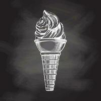 A hand-drawn sketch of a waffle cone with frozen yogurt or soft ice cream on chalkboard background. Vintage illustration. Element for the design of labels, packaging and postcards. vector