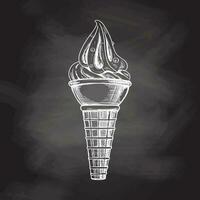 A hand-drawn sketch of a waffle cone with frozen yogurt or soft ice cream with pastry beads on chalkboard background. Vintage illustration. Element for the design of labels, packaging. vector