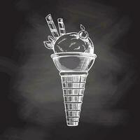 A hand-drawn sketch of a waffle cone with frozen yogurt or soft ice cream with waffle tubes and cherries on chalkboard background. Element for the design of labels. vector