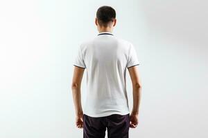 White t-shirt on a young man template on gray background photo