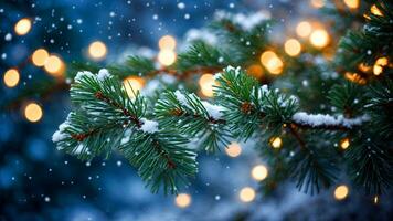 AI generated Christmas holiday background. Christmas evergreen spruce tree with snow sprinkled on the leaves. Snow blurred background. photo