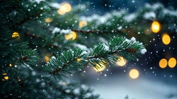 AI generated Christmas holiday background. Christmas evergreen spruce tree with snow sprinkled on the leaves. Snow blurred background. photo