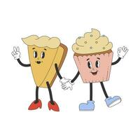 Groovy hippie piece of cake and cupcake characters. Cartoon character in trendy retro style. vector