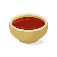 Soy sauce in a saucer, vector icon. Salty fermented seasoning in a wooden bowl. Delicious Japanese condiment for sushi, rolls. Illustration isolated on white. Flat cartoon clipart for posters, print