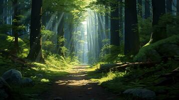 Winding dirt road beckons into a verdant forest, where sunlight dances through a canopy of towering trees. Generative AI photo