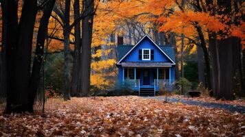 pequeño casa en el medio de un lozano otoño bosque. el casa es rodeado por alto arboles y helechos, y allí es un devanado camino líder arriba a el frente puerta. generativo ai foto