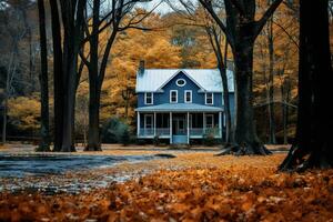 Small house in the middle of a lush fall forest. The house is surrounded by tall trees and ferns, and there is a winding path leading up to the front door. Generative AI photo