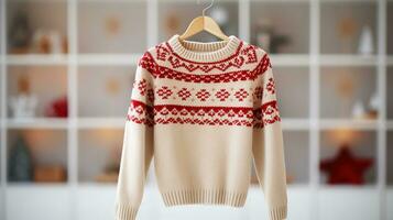 Cozy white women sweater with red deer knit pattern. Long-sleeved, knitted sweater for women and family. Generative AI photo