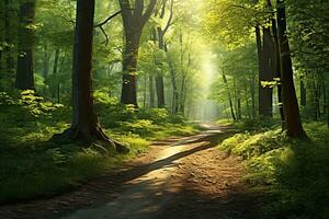 Winding dirt road beckons into a verdant forest, where sunlight dances through a canopy of towering trees. Generative AI photo