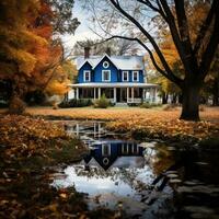 Small house in the middle of a lush fall forest. The house is surrounded by tall trees and ferns, and there is a winding path leading up to the front door. Generative AI photo