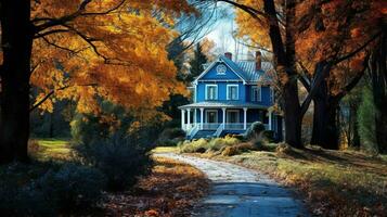 Small house in the middle of a lush fall forest. The house is surrounded by tall trees and ferns, and there is a winding path leading up to the front door. Generative AI photo