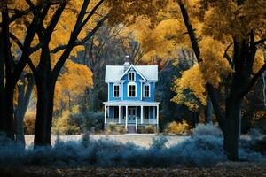 Small house in the middle of a lush fall forest. The house is surrounded by tall trees and ferns, and there is a winding path leading up to the front door. Generative AI photo