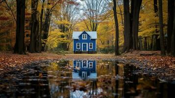 Small house in the middle of a lush fall forest. The house is surrounded by tall trees and ferns, and there is a winding path leading up to the front door. Generative AI photo