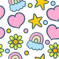 Hand drawn cute heart, star, rainbow, sunflower doodle cartoon seamless pattern vector